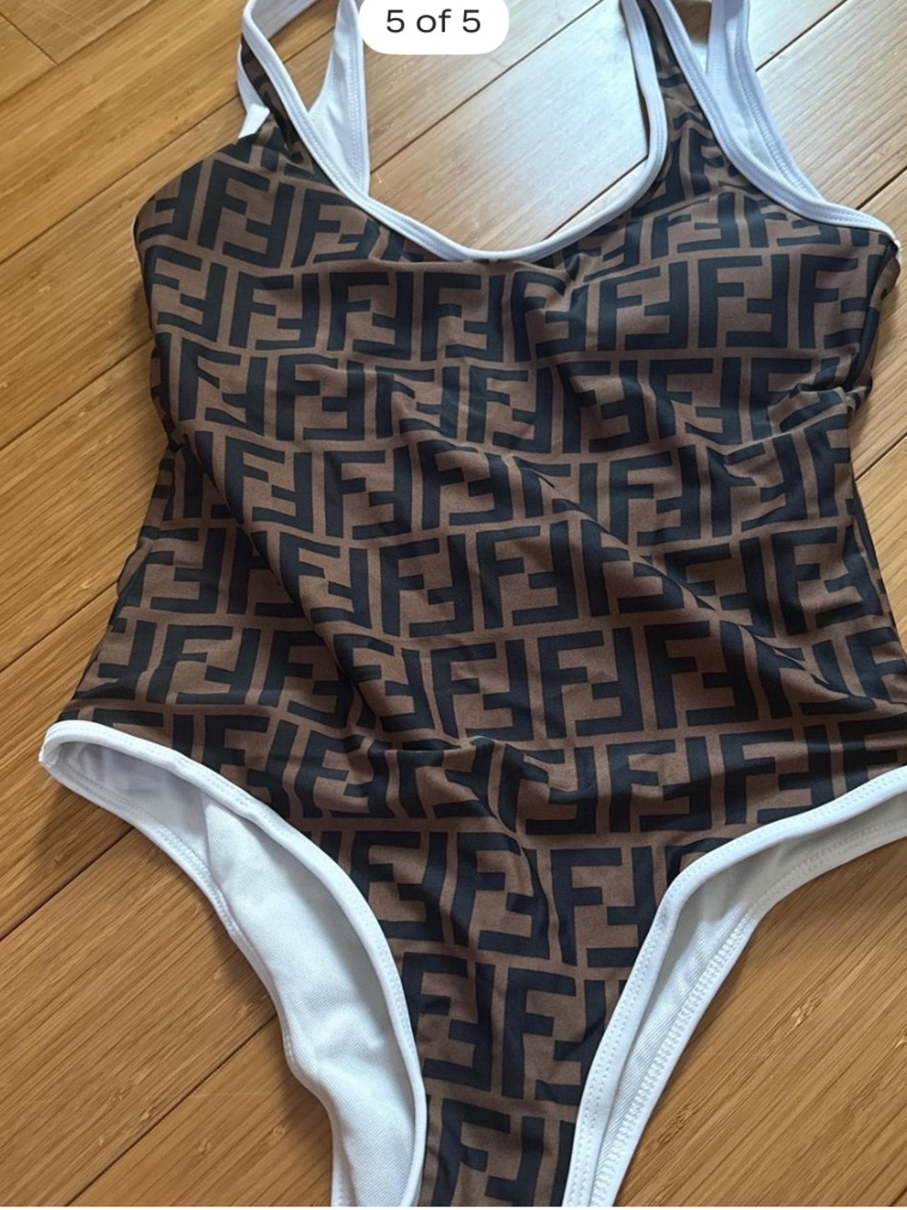 -Inspired Brown & Black Logo One-Piece Swimsuit